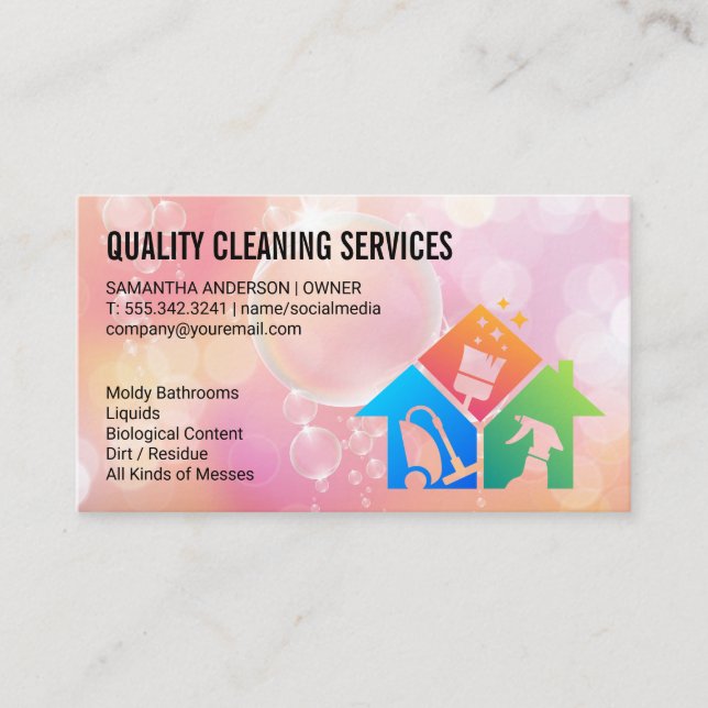House Cleaning Icons | Soap Bubbles Business Card (Front)