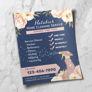House Cleaning Maid Service Floral Navy Blue Flyer