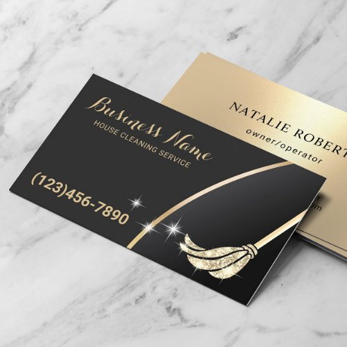 House Cleaning Maid Service Modern Black  Gold Business Card