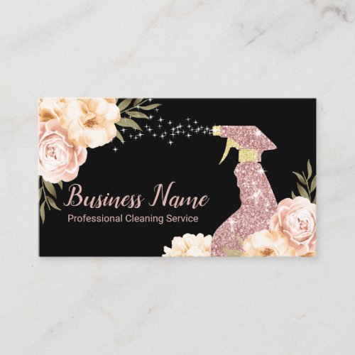 House Cleaning Maid Service Modern Floral Black Business Card