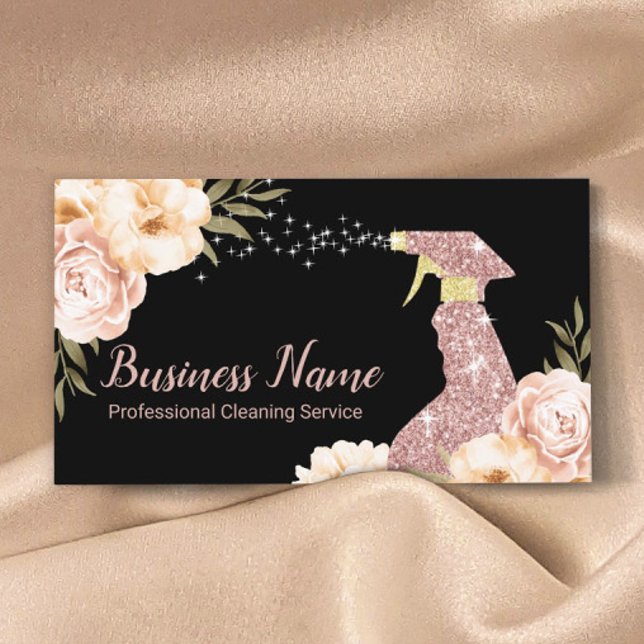 House Cleaning Maid Service Modern Floral Black Business Card (Creator Uploaded)