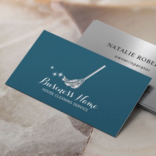 House Cleaning Maid Service Modern Teal  Silver Business Card