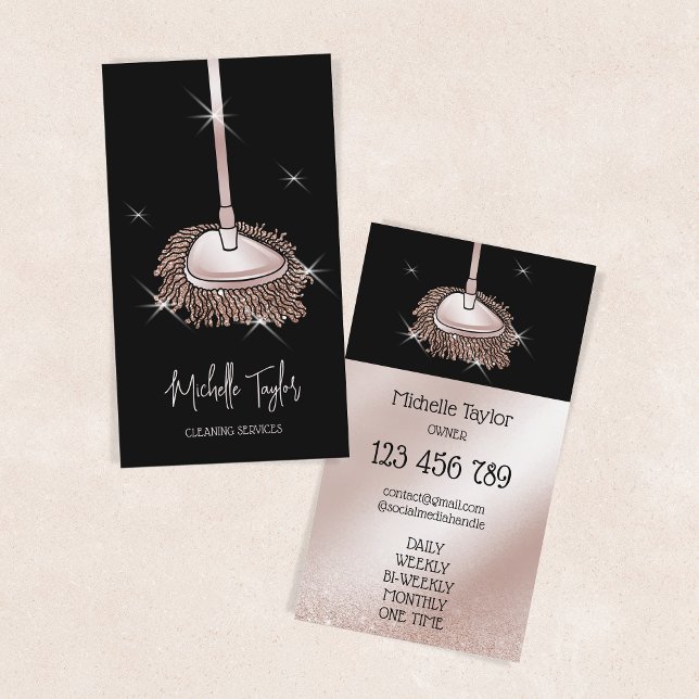 House Cleaning Maid Service Rose Gold Glitter Mop Business Card (Creator Uploaded)