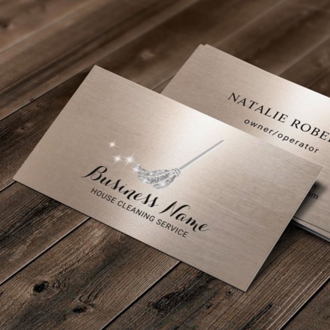 House Cleaning Maid Service Silver Mop Modern Gold Business Card (Creator Uploaded)