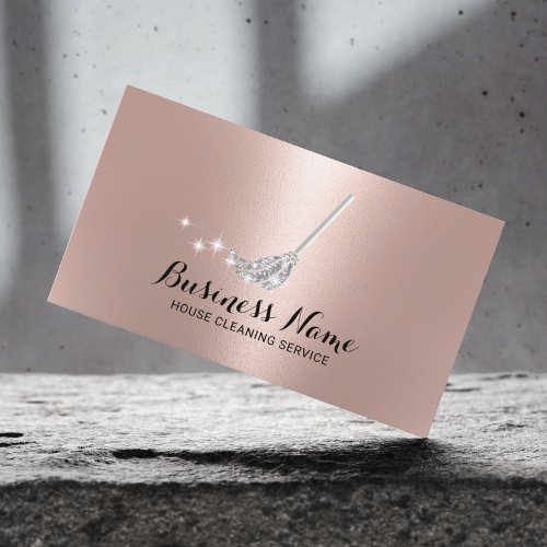 House Cleaning Maid Service Silver Mop Rose Gold Business Card