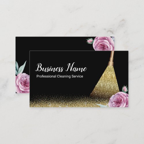House Cleaning Modern Black Gold Floral Business Card