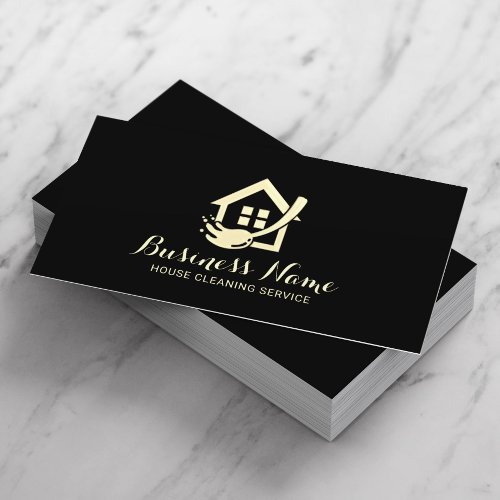 House Cleaning Modern Black  Gold Maid Service Business Card