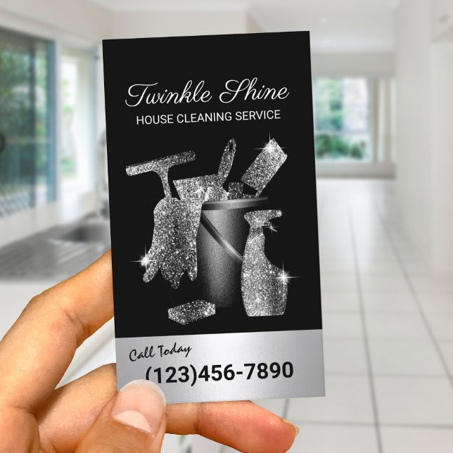 House Cleaning Modern Black Housekeeping Business Card (Creator Uploaded)