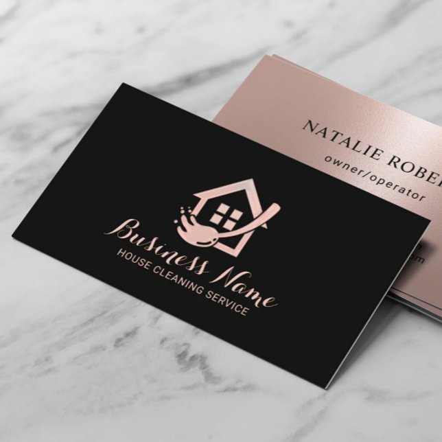 House Cleaning Modern Black Rose Gold Maid Service Business Card (Creator Uploaded)