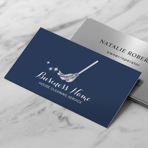 House Cleaning Modern Navy  Silver Maid Service Business Card