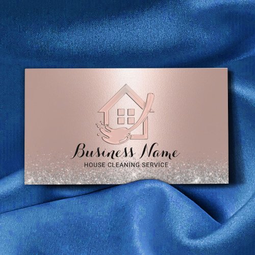 House Cleaning Modern Rose Gold House  Mop Logo Business Card