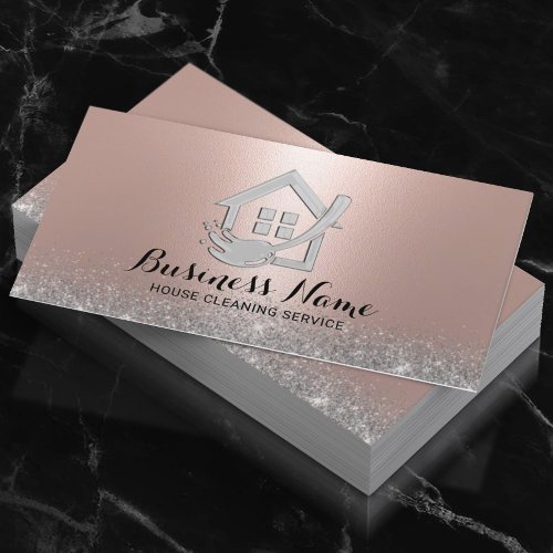 House Cleaning Modern Rose Gold  Silver Glitter Business Card