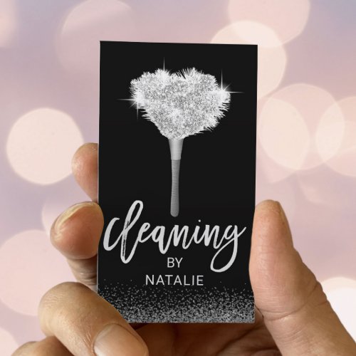 House Cleaning Modern Silver Maid Feather Duster Business Card