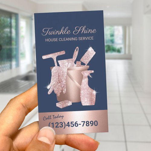 House Cleaning Navy  Rose Gold Housekeeping Business Card
