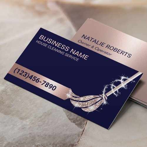 House Cleaning Navy  Rose Gold Mop Maid Service Business Card