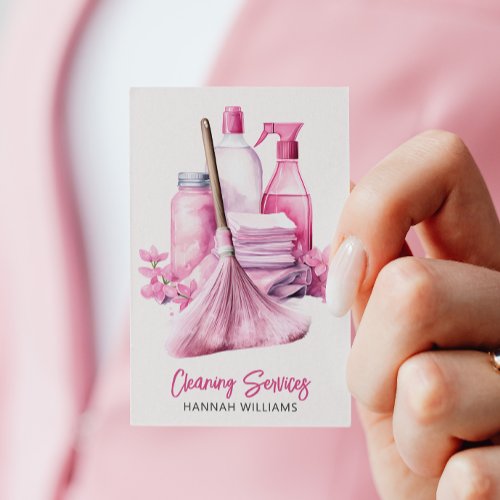 House Cleaning Pink Cleaning Logo QR Code Business Card