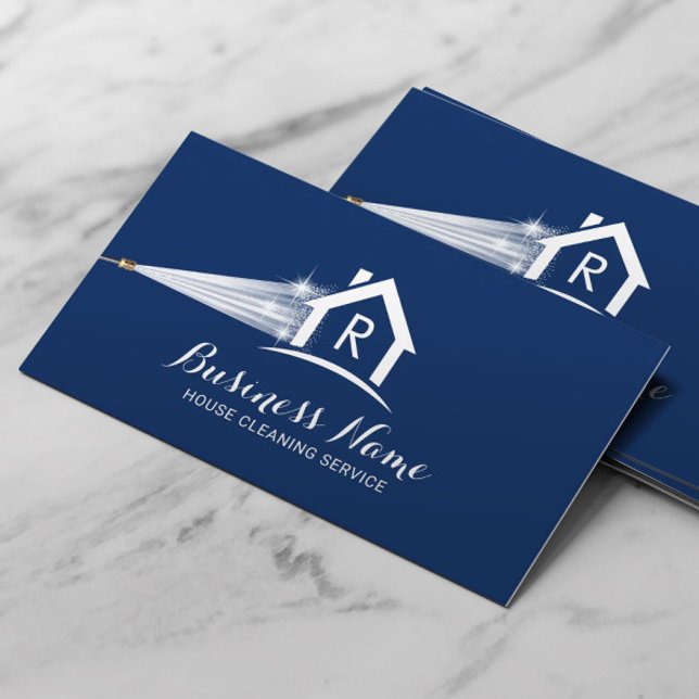 House Cleaning Pressure Washing Monogram Navy Blue Business Card (Creator Uploaded)