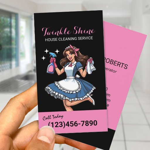 Customizable House Cleaning Retro Black &amp; Pink Maid Service Business Card