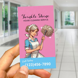 House Cleaning Retro Blue & Pink Maid Service Business Card