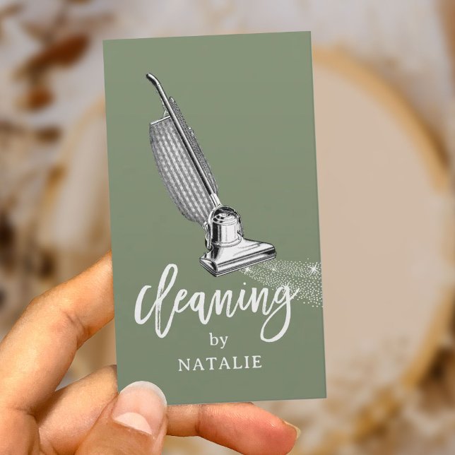 House Cleaning Retro Vacuum Cleaner Sage Green Business Card (Creator Uploaded)