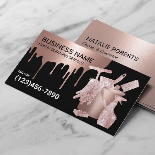 House Cleaning Rose Gold Glitter Maid Service Business Card