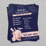 House Cleaning Rose Gold Housekeeping Navy Floral Flyer<br><div class="desc">Home Cleaning Service Rose Gold & Navy Blue Housekeeping Flyers.</div>