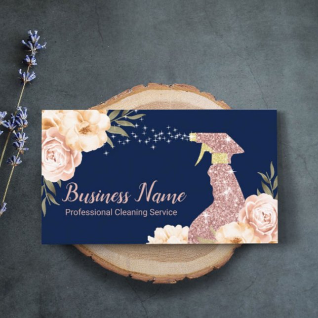 House Cleaning Rose Gold Spray Modern Floral Navy  Business Card (Creator Uploaded)