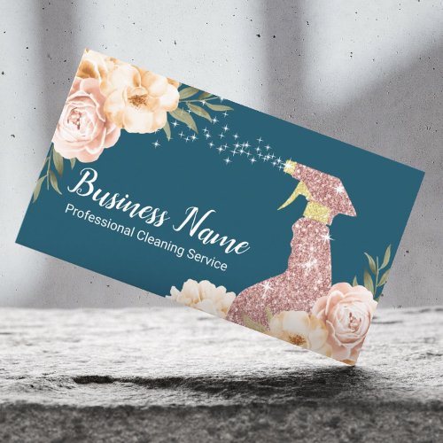 House Cleaning Rose Gold Spray Modern Floral Teal Business Card