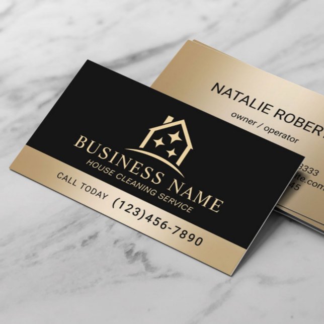 House Cleaning Service Black & Gold Housekeeping Business Card (Creator Uploaded)