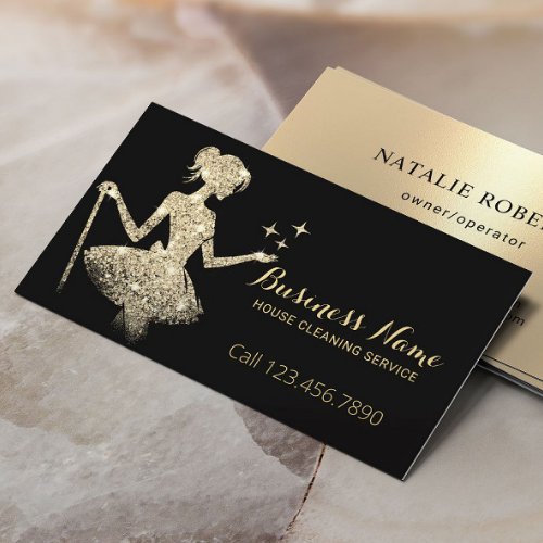 House Cleaning Service Black  Gold Magical Maid Business Card