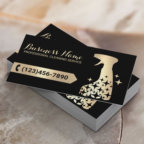 House Cleaning Service Black  Gold Spray Cleaner Business Card