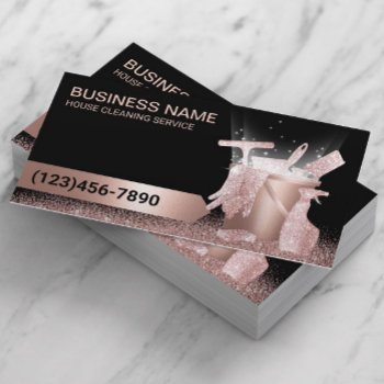 House Cleaning Service Black & Rose Gold Glitter  Business Card by cardfactory at Zazzle
