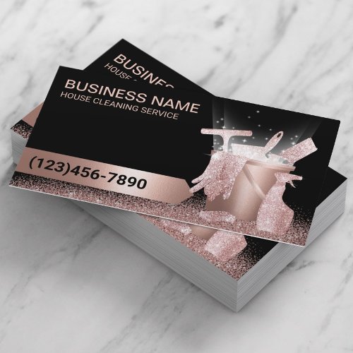 House Cleaning Service Black  Rose Gold Glitter  Business Card