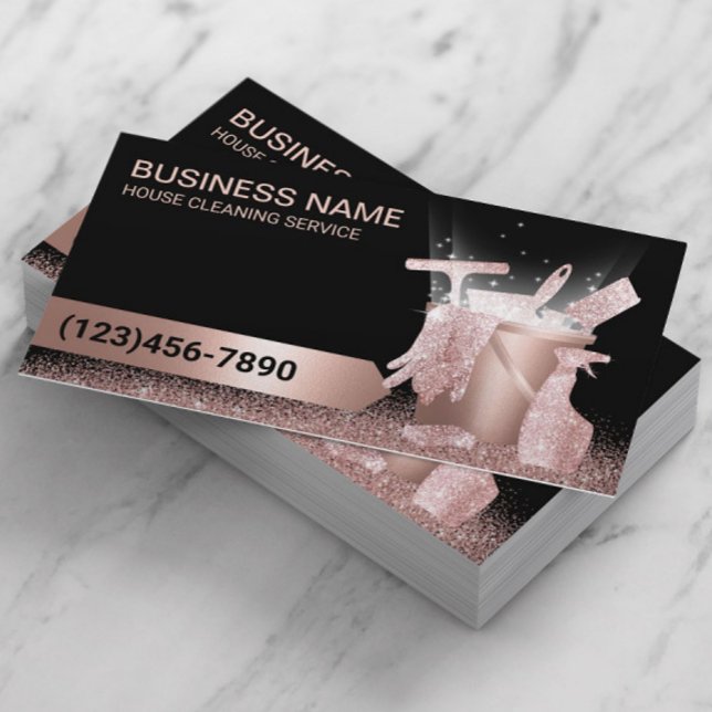House Cleaning Service Black & Rose Gold Glitter  Business Card (Creator Uploaded)