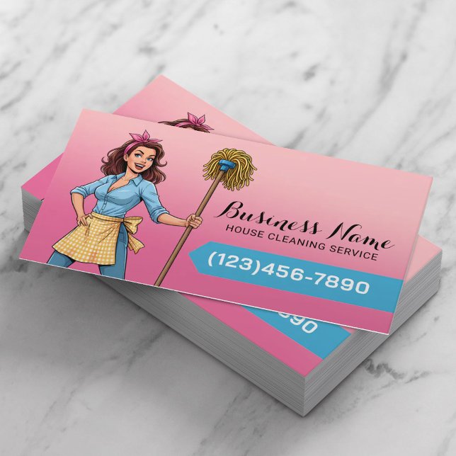 House Cleaning Service Cartoon Girl Housekeeping Business Card (Creator Uploaded)
