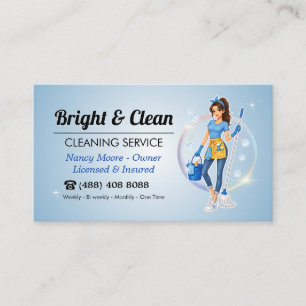 House Cleaning Service Cartoon Maid Blue Bubble Business Card
