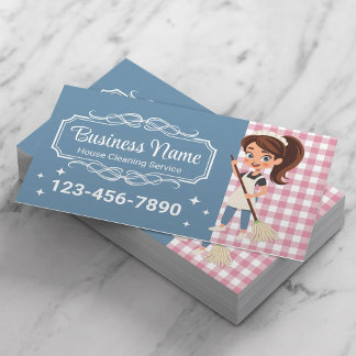 House Cleaning Service Cartoon Maid Blue & Pink Business Card