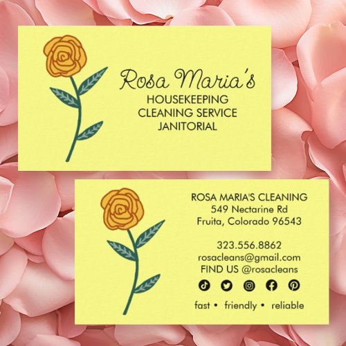 House Cleaning Service Gold Rose Logo Social Icons Business Card