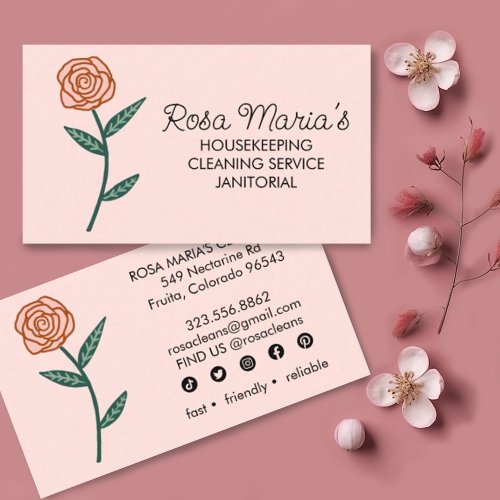House Cleaning Service Gold Rose Logo Social Icons Business Card