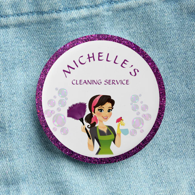 A purple cleaning-themed button with a purple outline is placed on a denim blue background.