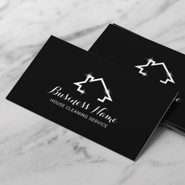 House Cleaning Service Minimal House Logo Black Business Card (Creator Uploaded)