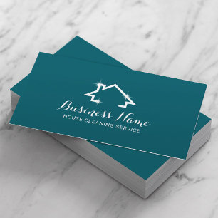 House Cleaning Service Minimal House Logo Teal Business Card