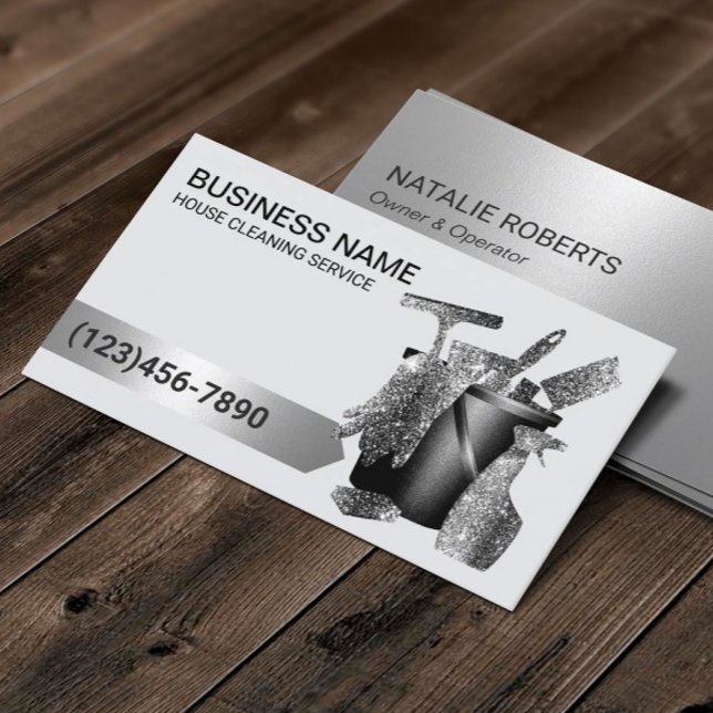 House Cleaning Service Modern Black Glitter Business Card (Creator Uploaded)