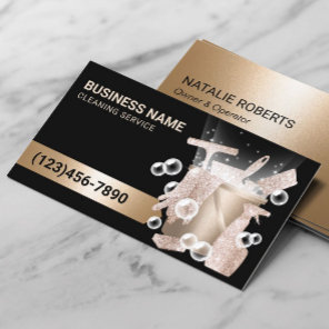 House Cleaning Service Modern Black & Gold Bubbles Business Card