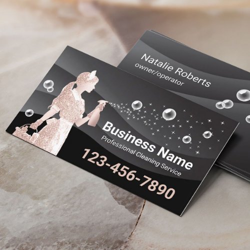 House Cleaning Service Modern Black Maid Business Card
