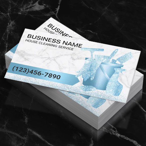 House Cleaning Service Modern Blue Glitter Marble Business Card