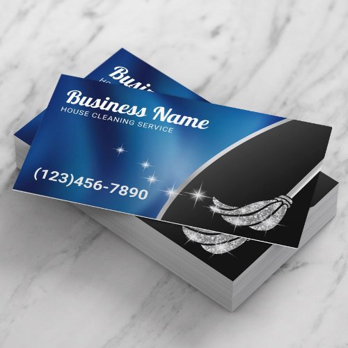House Cleaning Service Modern Navy Blue Silver Business Card