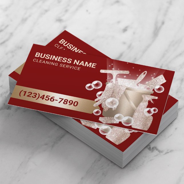 House Cleaning Service Modern Red & Gold Bubbles Business Card (Creator Uploaded)