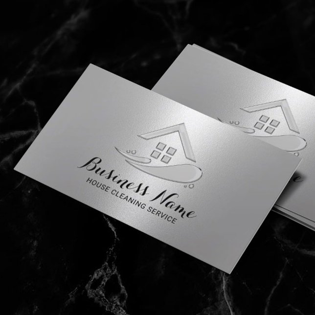House Cleaning Service Modern Silver Metallic Business Card (Creator Uploaded)