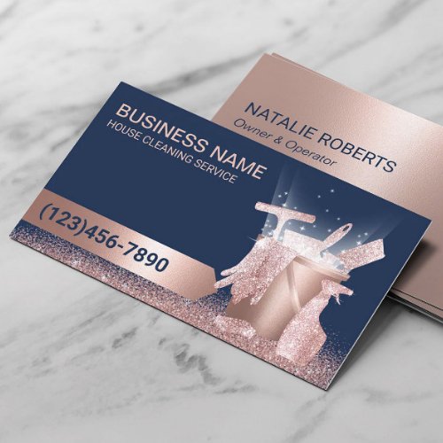 House Cleaning Service Navy  Rose Gold Glitter Business Card